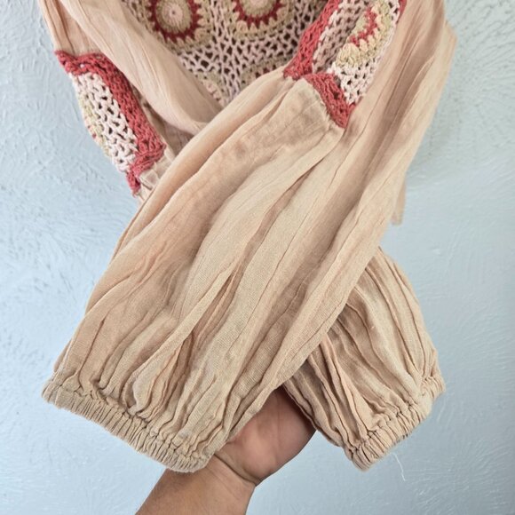 Zara Crochet Crop Top S Light Pink Linen Boho Cottage Hippie Long Sleeve Shirt - Picture 5 of 12